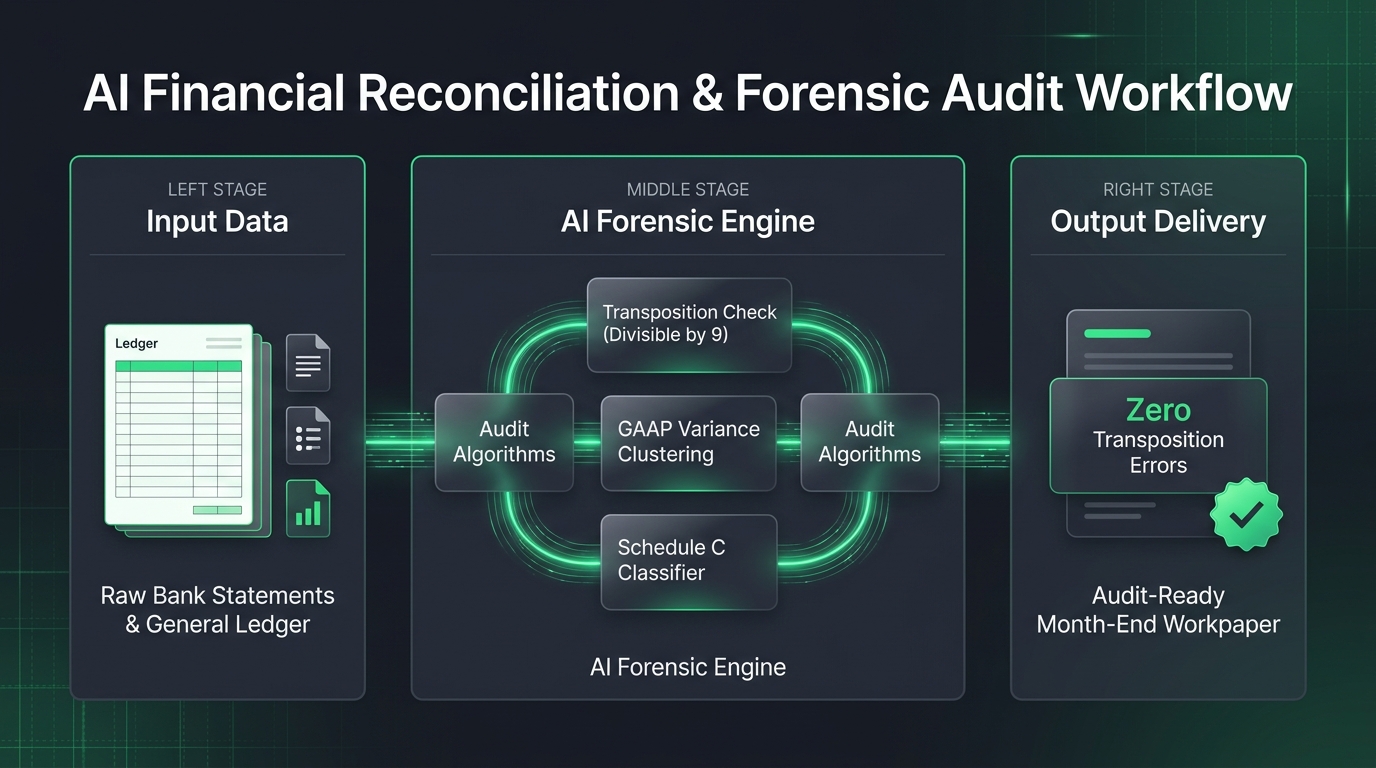 Infographic diagram of the AI financial reconciliation and forensic audit pipeline showing transposition error checks and Schedule C classification
