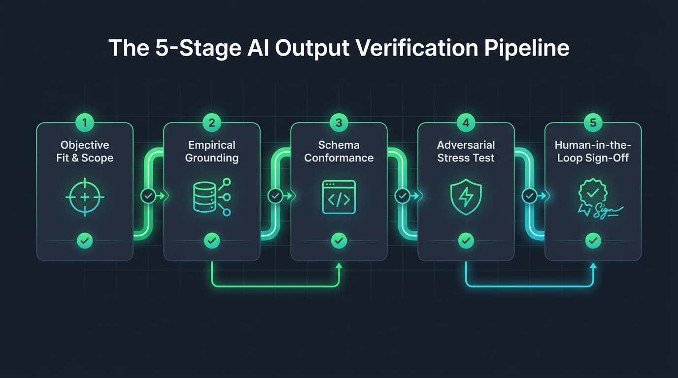 The 5-Stage AI Output Verification Pipeline: Objective Fit, Empirical Grounding, Schema Conformance, Adversarial Stress, and Human Sign-Off