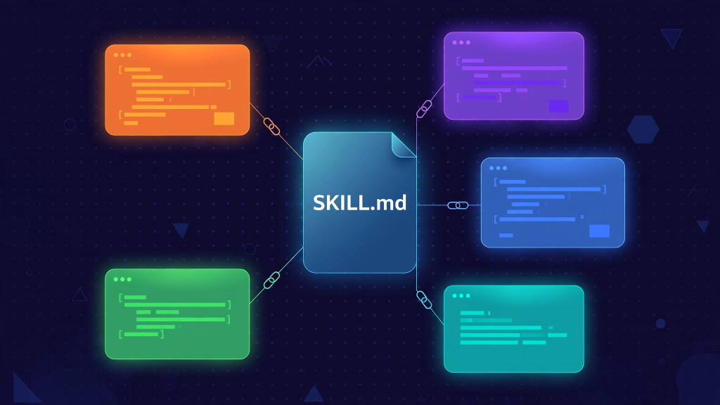 Central SKILL.md document radiating connections to multiple AI coding agent environments including Claude Code, Cursor, Codex, Copilot, and Gemini CLI