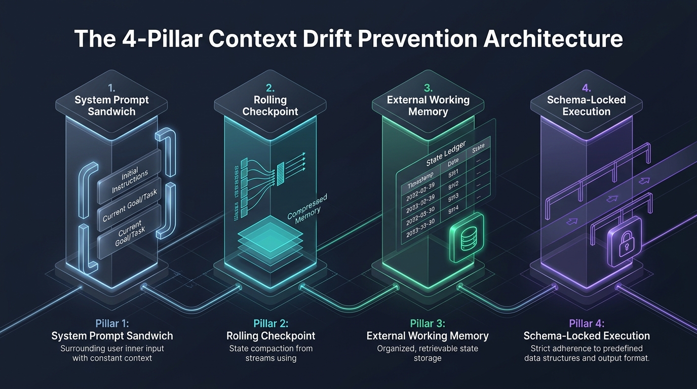 The 4-Pillar Context Drift Prevention Architecture: System Sandwich, Rolling Checkpoints, External State, and Schema-Locked Outputs