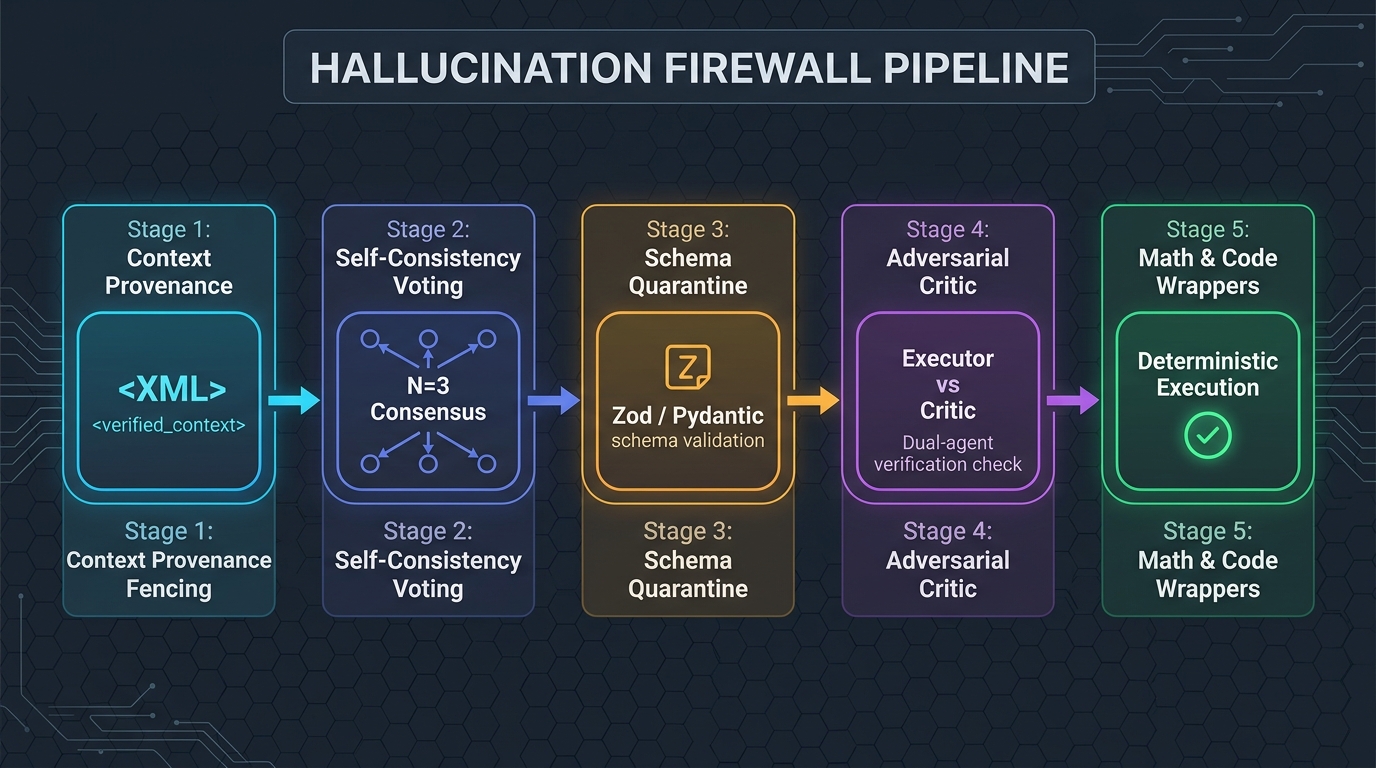 Infographic showing the 5-stage AI Hallucination Firewall from Context Fencing to Deterministic Math Wrappers