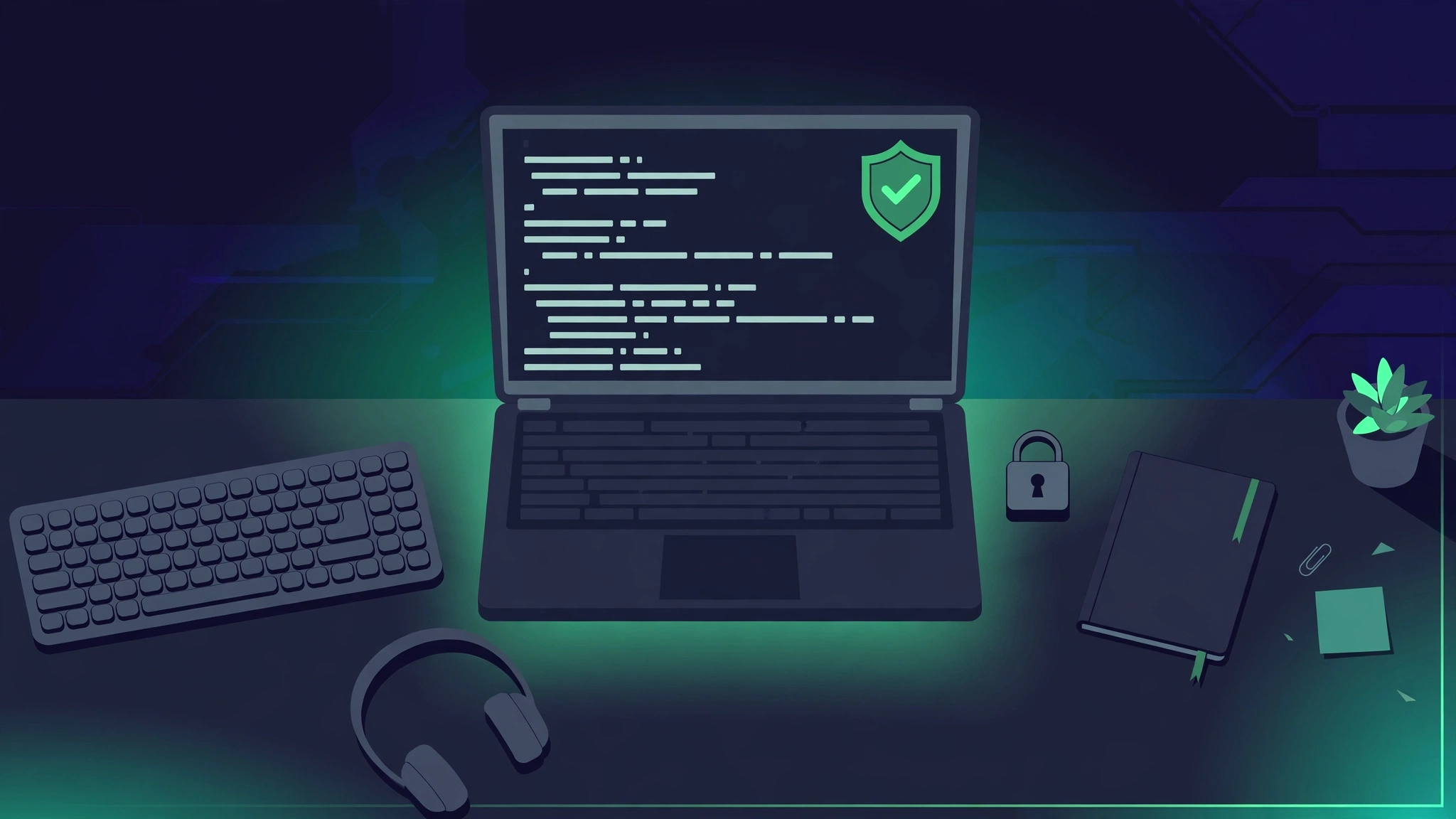 Developer laptop displaying secure terminal and shield icon during OpenCode MCP vulnerability check