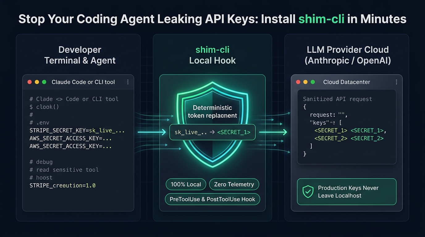 Architecture diagram showing shim-cli intercepting AI coding agent tool results to mask secrets before transmission to LLM provider