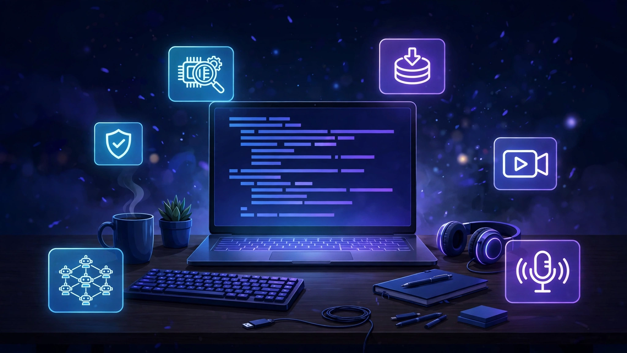 Futuristic developer workstation terminal showing trending AI tools and repositories