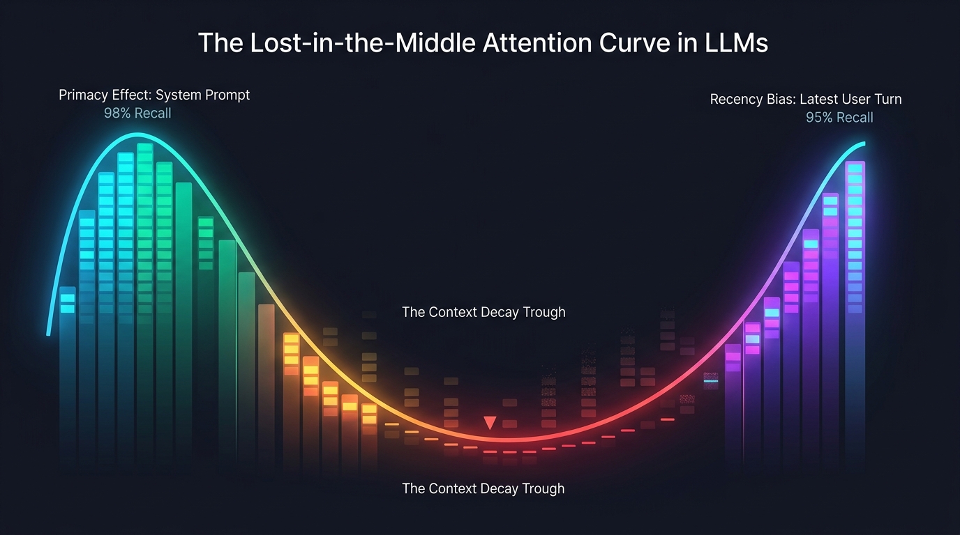 The Lost in the Middle Phenomenon: U-shaped attention curve showing high recall at the start and end, and severe degradation in the middle 60% zone