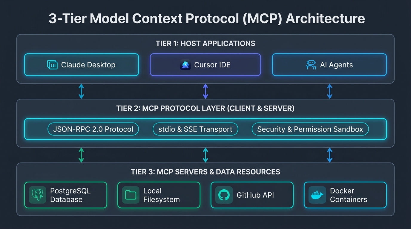 3-Tier Model Context Protocol architecture diagram illustrating Host, Protocol layer, and MCP servers