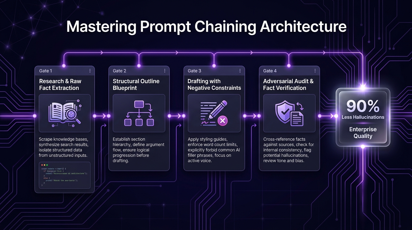 Infographic diagram illustrating the 4-gate prompt chaining architecture for eliminating hallucinations in ChatGPT and Claude