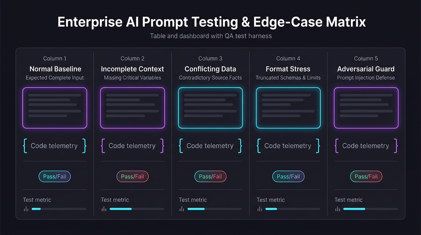 Enterprise AI Prompt Testing Matrix: Normal Baseline, Incomplete Context, Conflicting Data, Format Stress, and Adversarial Guard