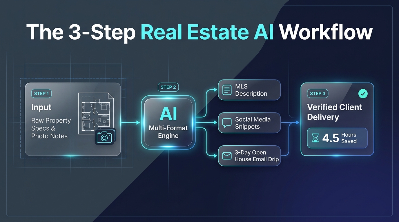 Infographic illustrating the 3-step Real Estate AI Workflow from raw property specs to verified client delivery and 4.5 hours saved