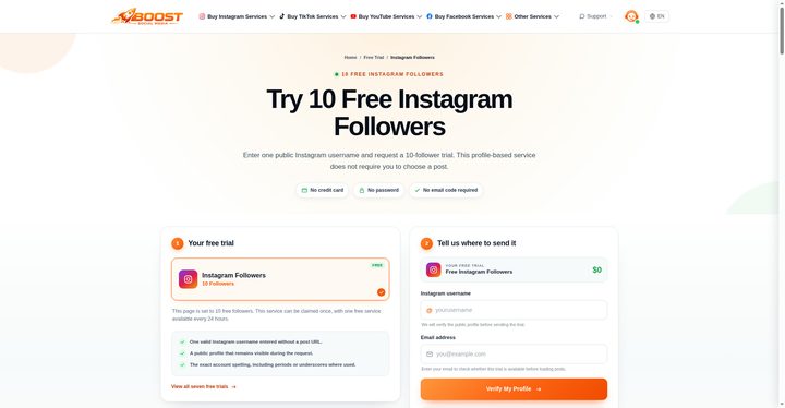 Screenshot: Boost Social Media free Instagram followers page, landscape, small