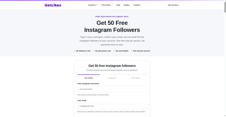 Screenshot: GetLikes free Instagram followers page, landscape, small