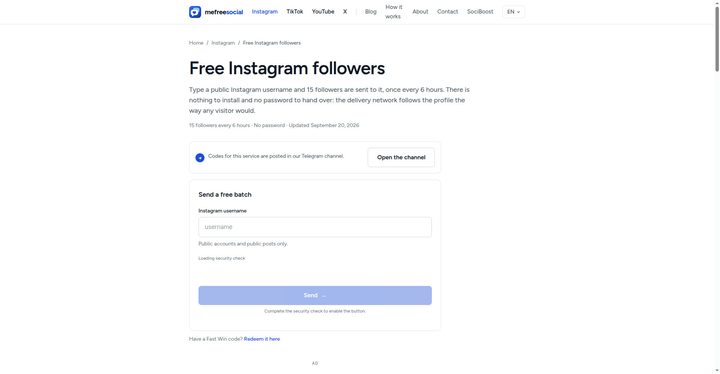 Screenshot: MeFreeSocial free Instagram followers page, landscape, small