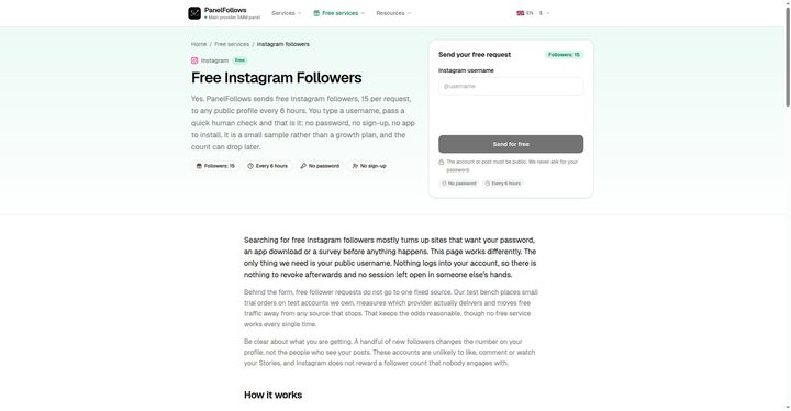 Screenshot: PanelFollows free Instagram followers page, landscape, small