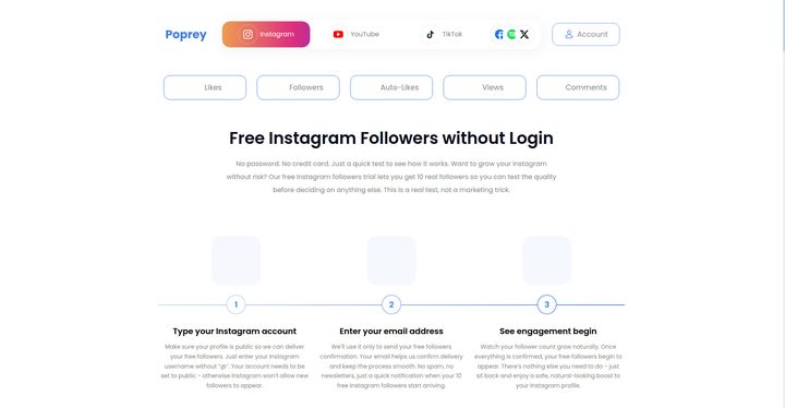Screenshot: Poprey free Instagram followers page, landscape, small