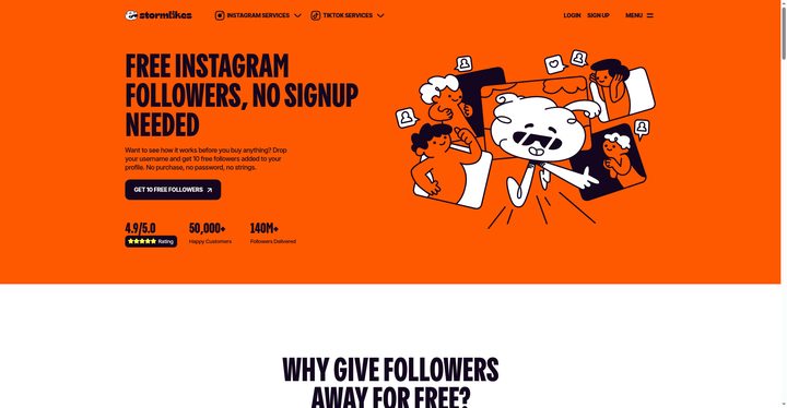 Screenshot: Stormlikes free Instagram followers page, landscape, small