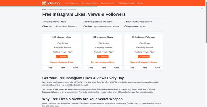 Screenshot: Take-Top free Instagram followers page, landscape, small