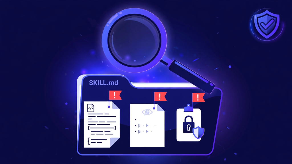 Code editor revealing hidden Unicode characters in a skill file, with a suspicious line flagged in red