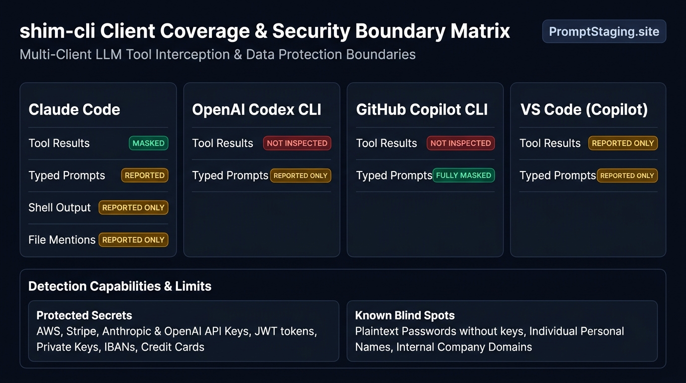 Matrix comparing shim-cli coverage across Claude Code, Codex, Copilot CLI, and VS Code for tool results, typed prompts, and shell outputs