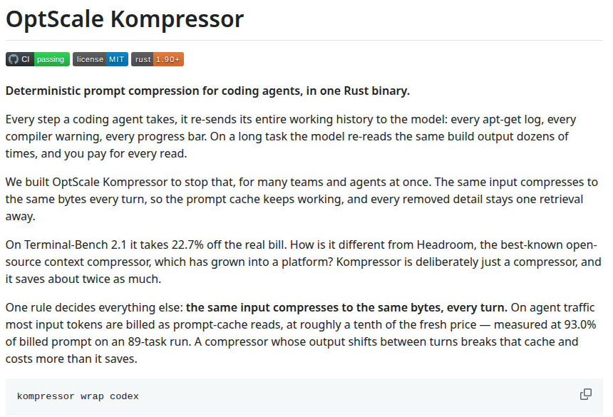 OptScale Kompressor README header with benchmarks and command
