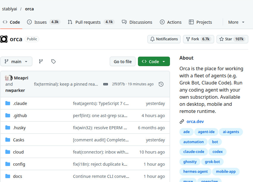 Orca GitHub repository card showing star count, topics, and overview
