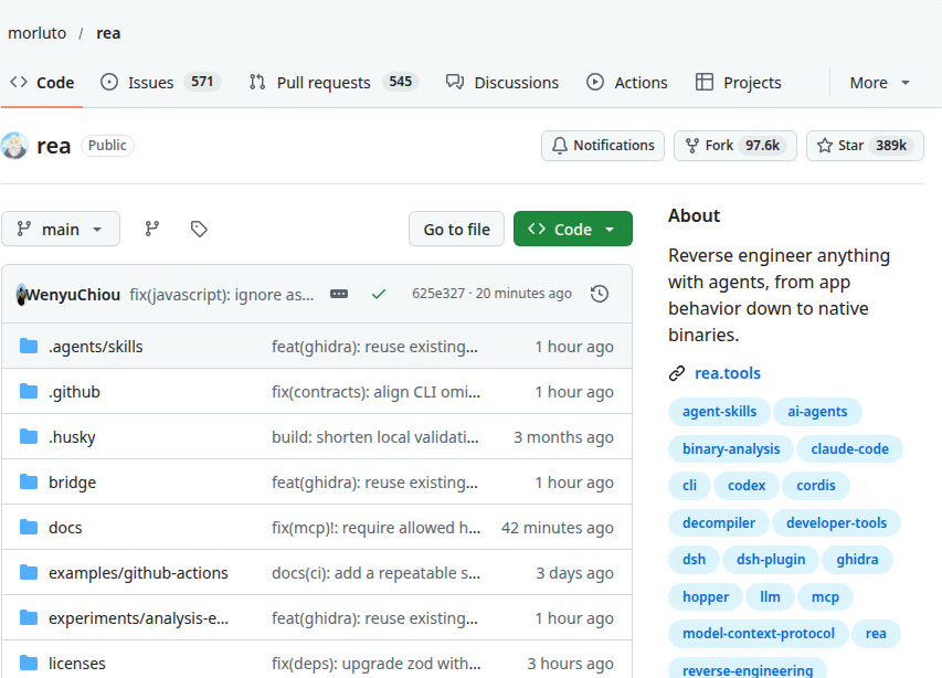 REA GitHub repository card showing star count, topics, and overview