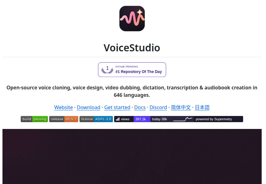 VoiceStudio README header showing #1 repository of the day badge and features