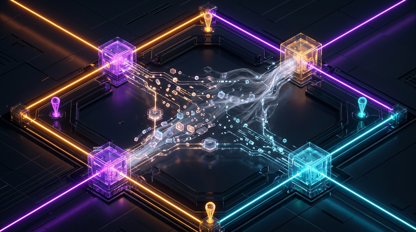 AI Context Degradation: Floating holographic memory checkpoints and glowing laser anchor streams across decaying token layers