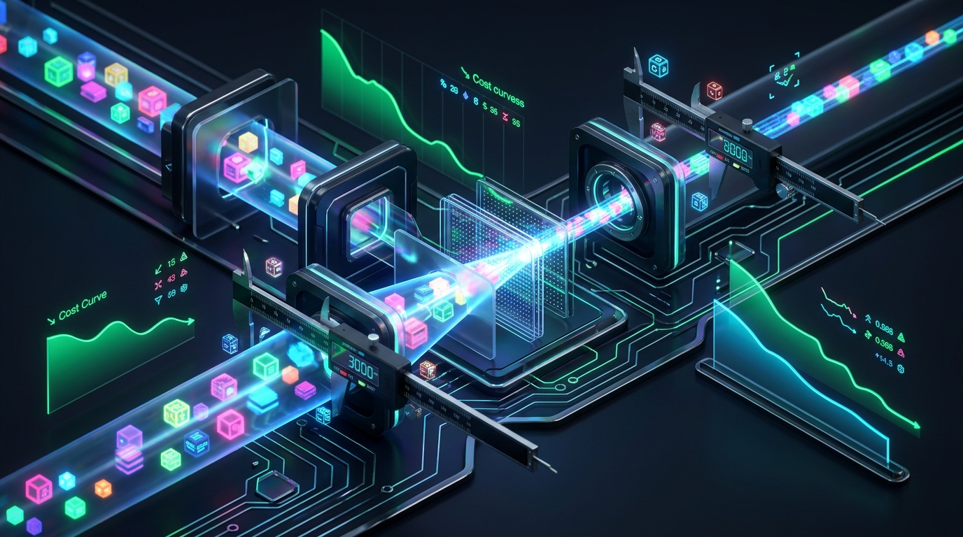 Cutting AI Token Waste: Futuristic digital token compression gates and laser calipers measuring token data streams