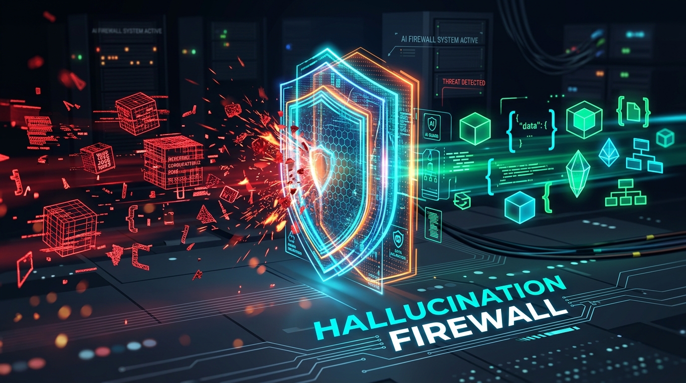 Illustration showing an AI Hallucination Firewall filtering out hallucinated data blocks and passing through verified schema objects
