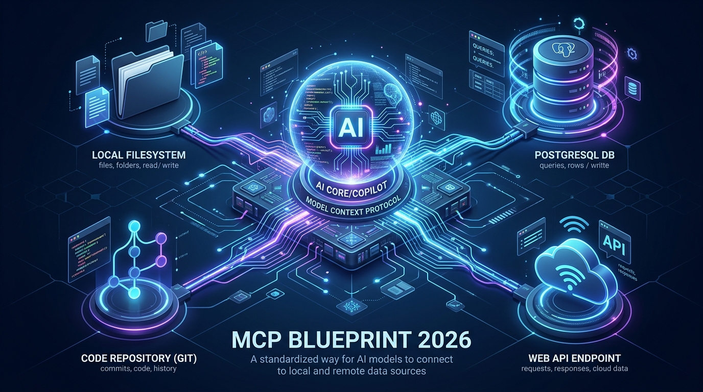 Illustration showing Model Context Protocol connecting AI models like Claude and Cursor to PostgreSQL databases, local filesystems, and GitHub APIs