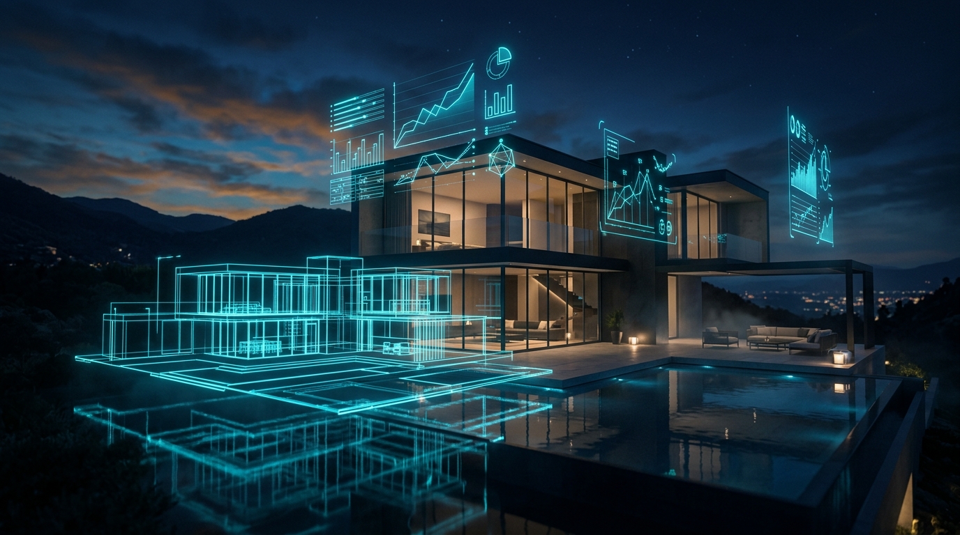 AI Workflows for Real Estate architectural villa with holographic analytics