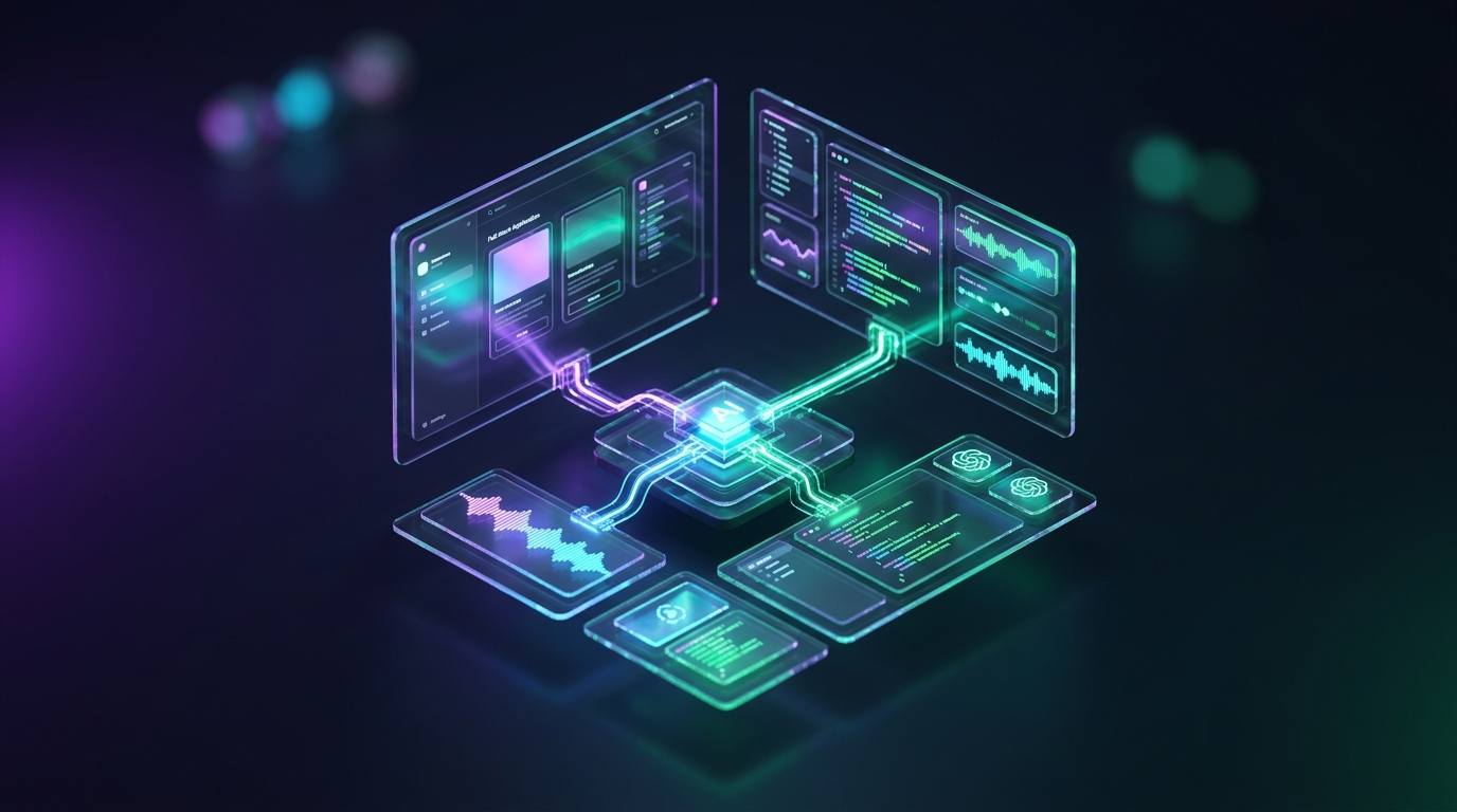Vibe Coding Masterclass: Futuristic live streamer developer workstation with holographic UI previews, code conduits, and AI agent copilots