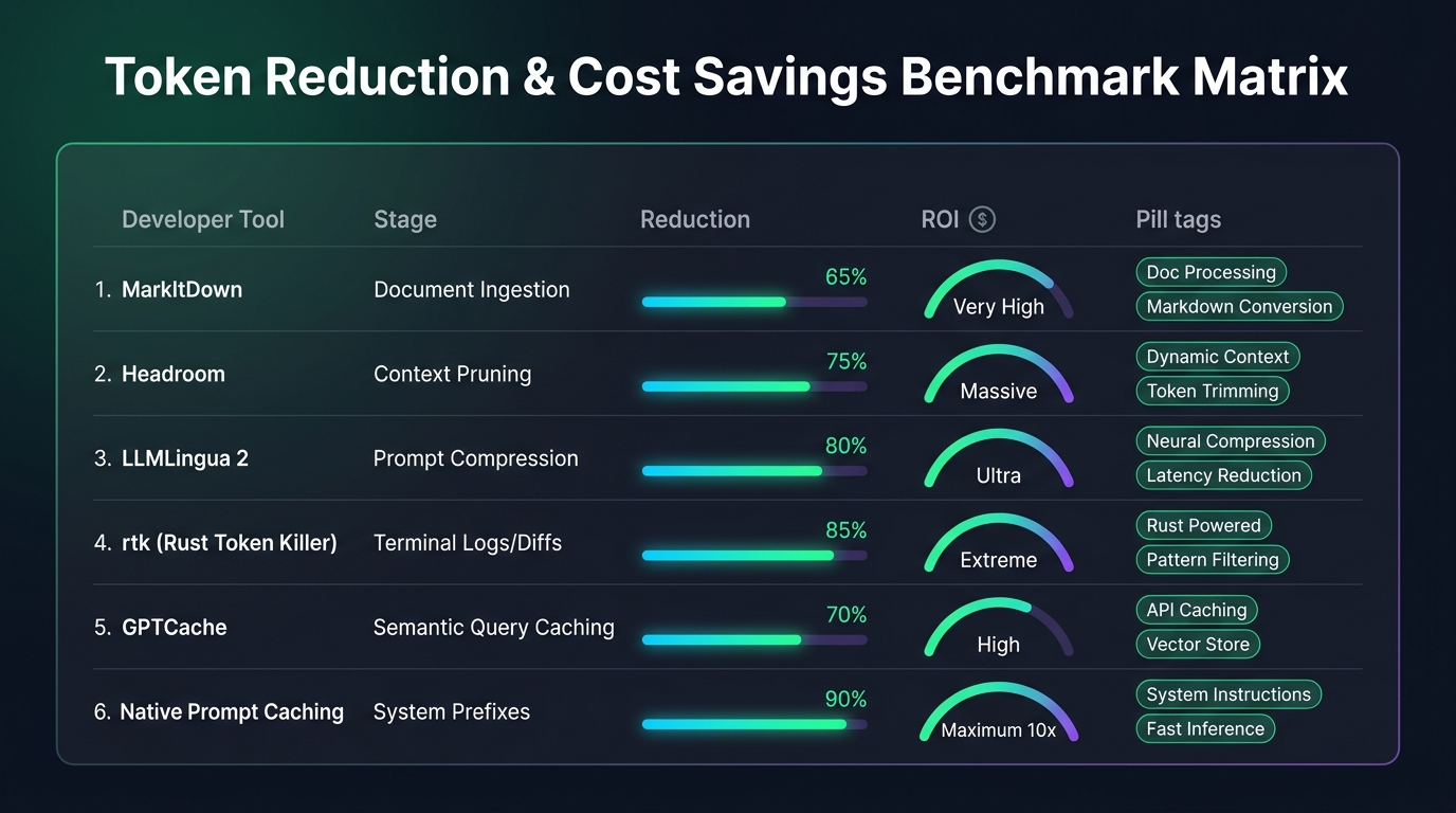 Token Reduction and Cost Savings Benchmark Matrix: Comparing MarkItDown, Headroom, LLMLingua, rtk, GPTCache, and Native Prompt Caching