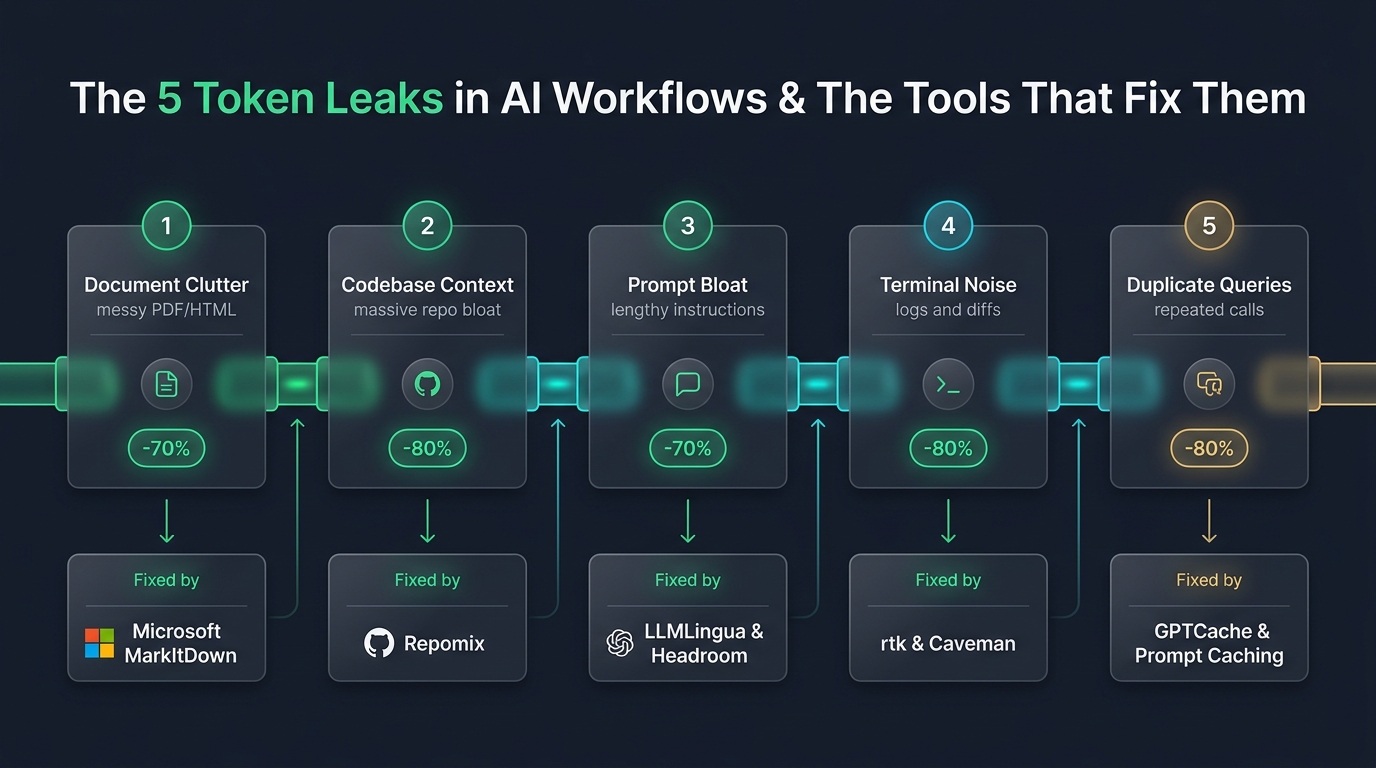 The 5 Token Leak Points in AI Workflows and the exact tools that fix them: Document bloat, Codebase context, Prompt bloat, Terminal noise, and Duplicate calls