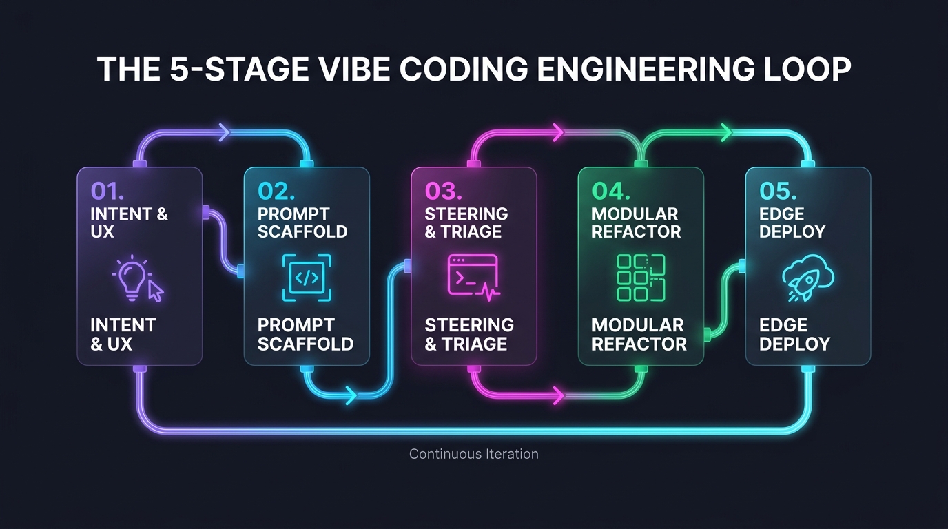 The 5-Stage Vibe Coding Engineering Loop: Intent Framing, Zero-Config Scaffolding, Real-Time Steering, Modular Refactoring, and Production Deployment