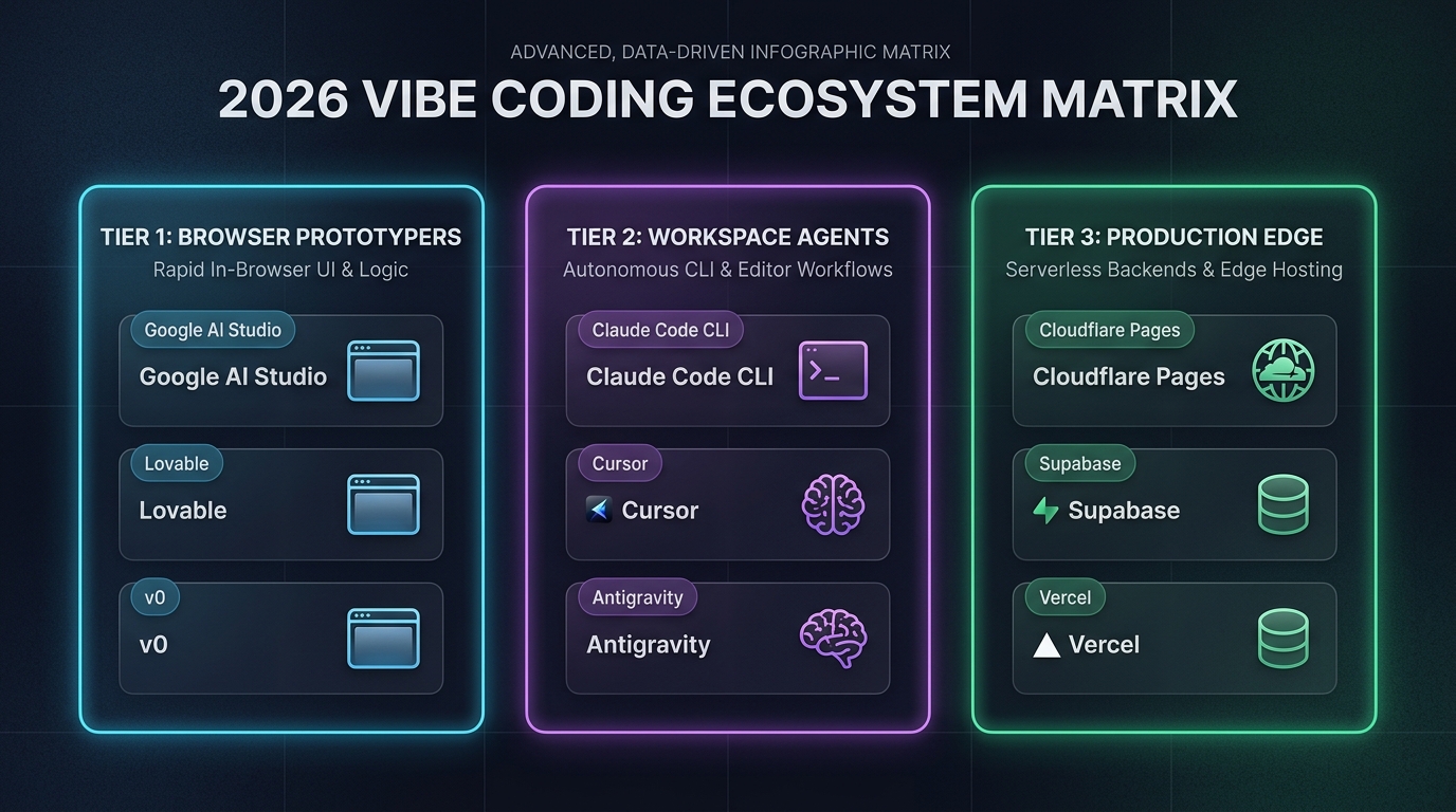 The 2026 Vibe Coding Tool Matrix: Tier 1 Browser Prototypers, Tier 2 Autonomous Workspace Agents, and Tier 3 Production Edge Substrates